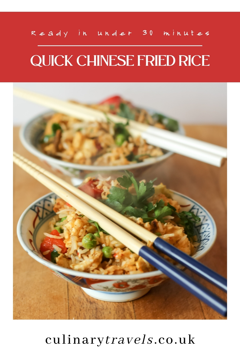 Pinterest pin for quick Chinese fried rice with the text &ldquo;Ready in under 30 minutes&rdquo; above a bowl of homemade fried rice
